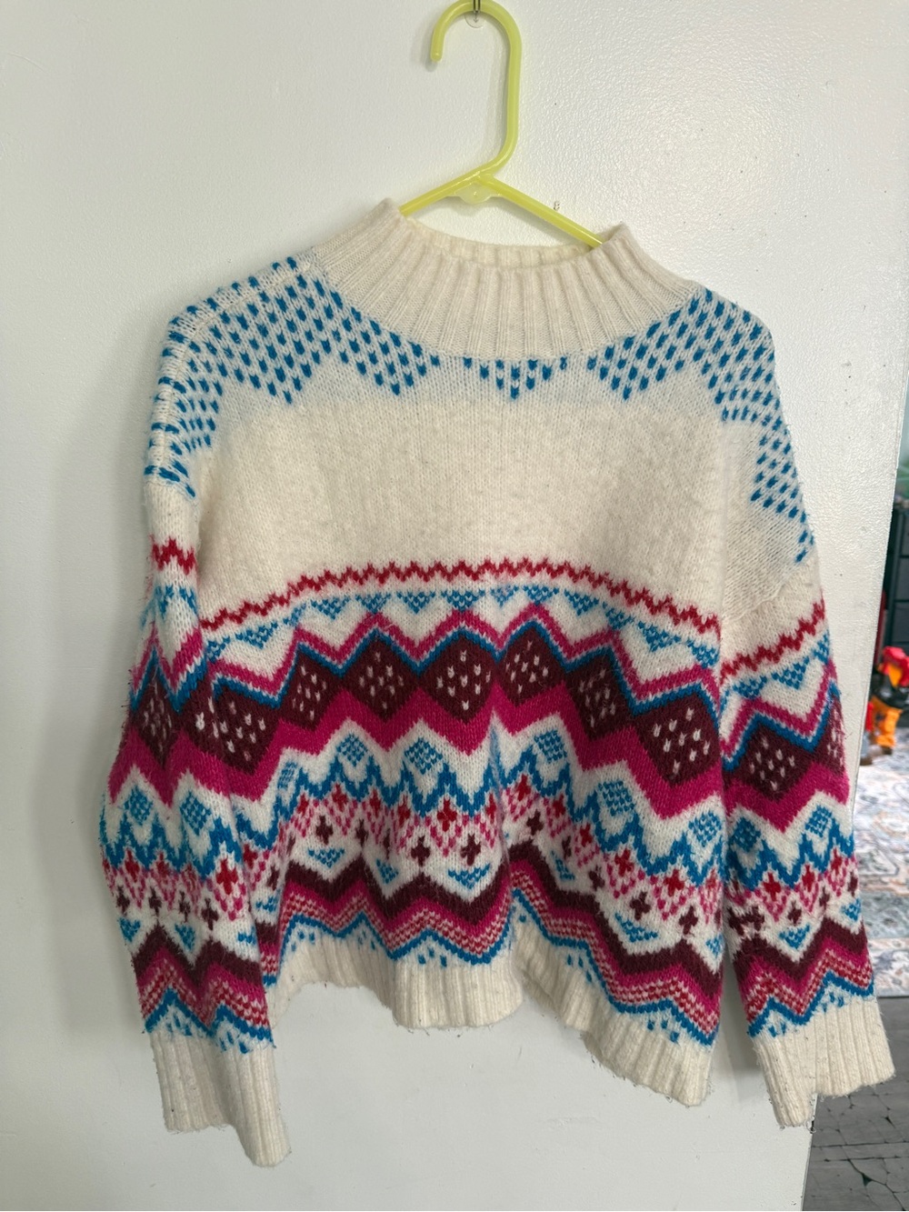 LOFT Cream Fair Isle Mock Neck Sweater with Teal and Berry Accents